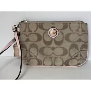 Coach Wristlet Beige and Pink Signature Canvas Zip Top Wallet